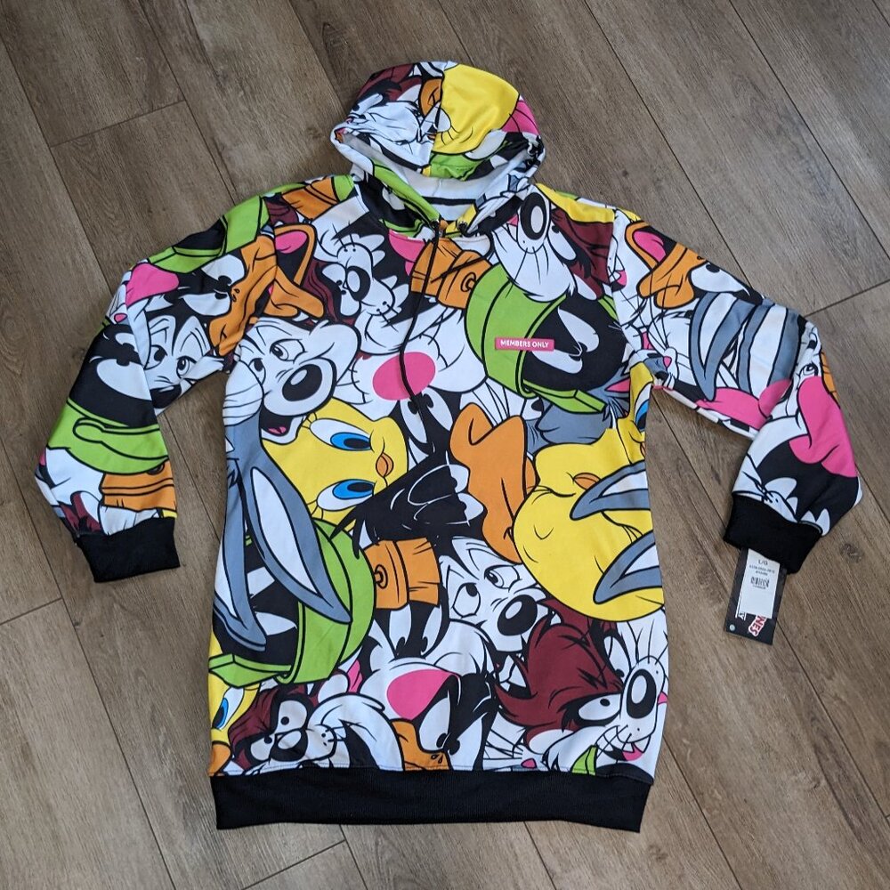 NEW Members Only Looney Tunes Long Hoodie Sweatshirt Tweety Bird Sylvester Sz L